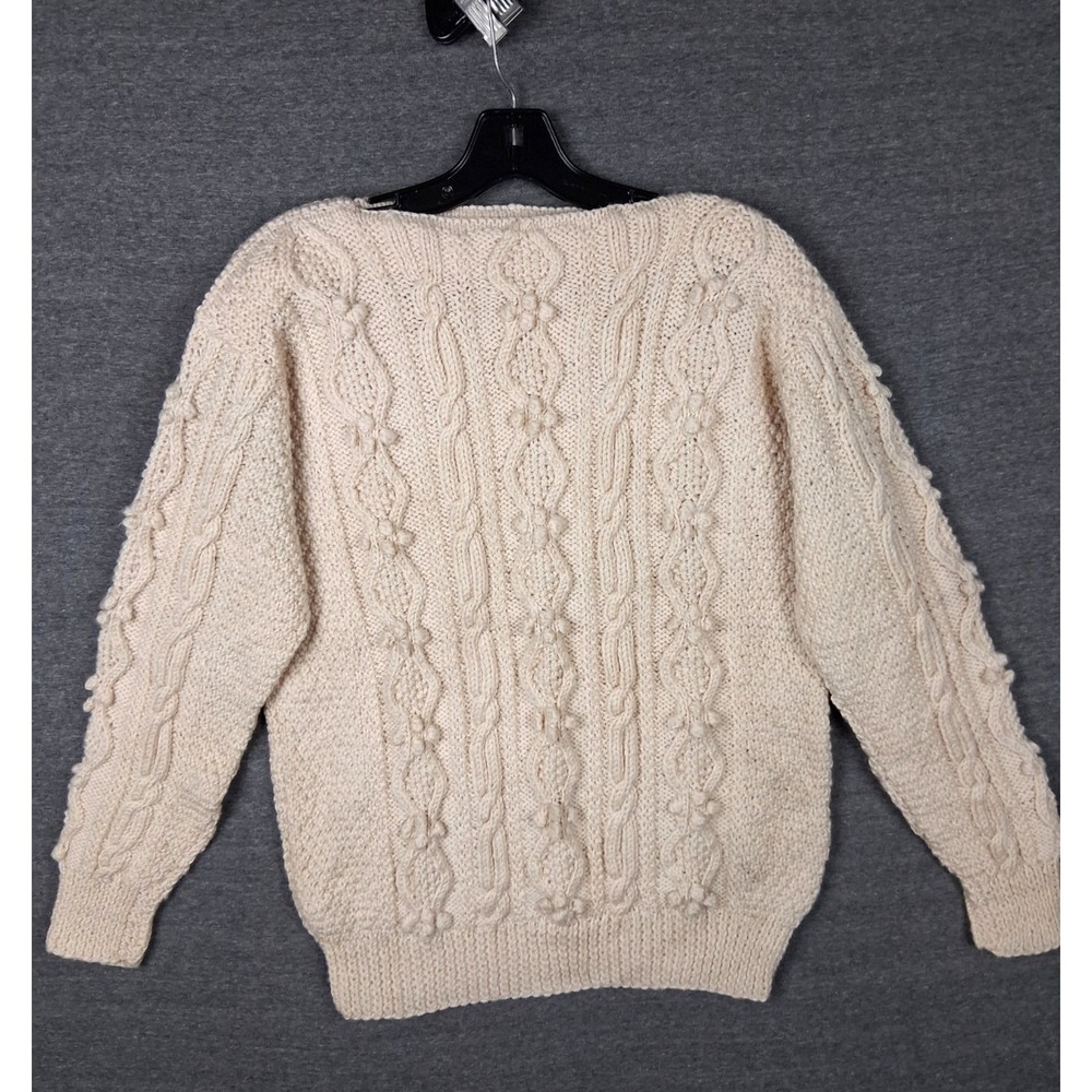 Womens Wool Sweater Large Cream Cable Knit Bauble Heavy‎ Thick Fisherman VTG